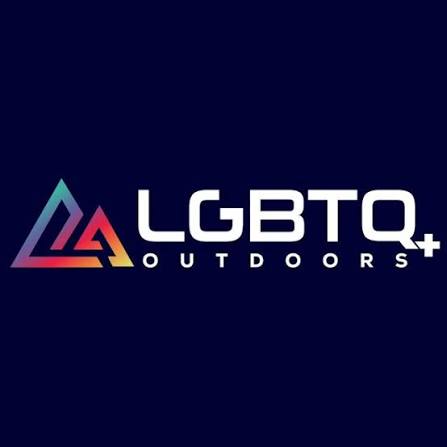 LGBTQ+ Outdoors logo: stylized mountain peaks beside the wordmark