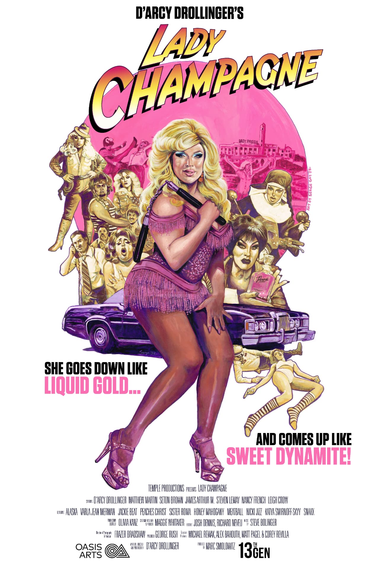 Lady Champagne film poster illustrated by Serge Gay Jr., featuring Champagne White in a fringed purple dress