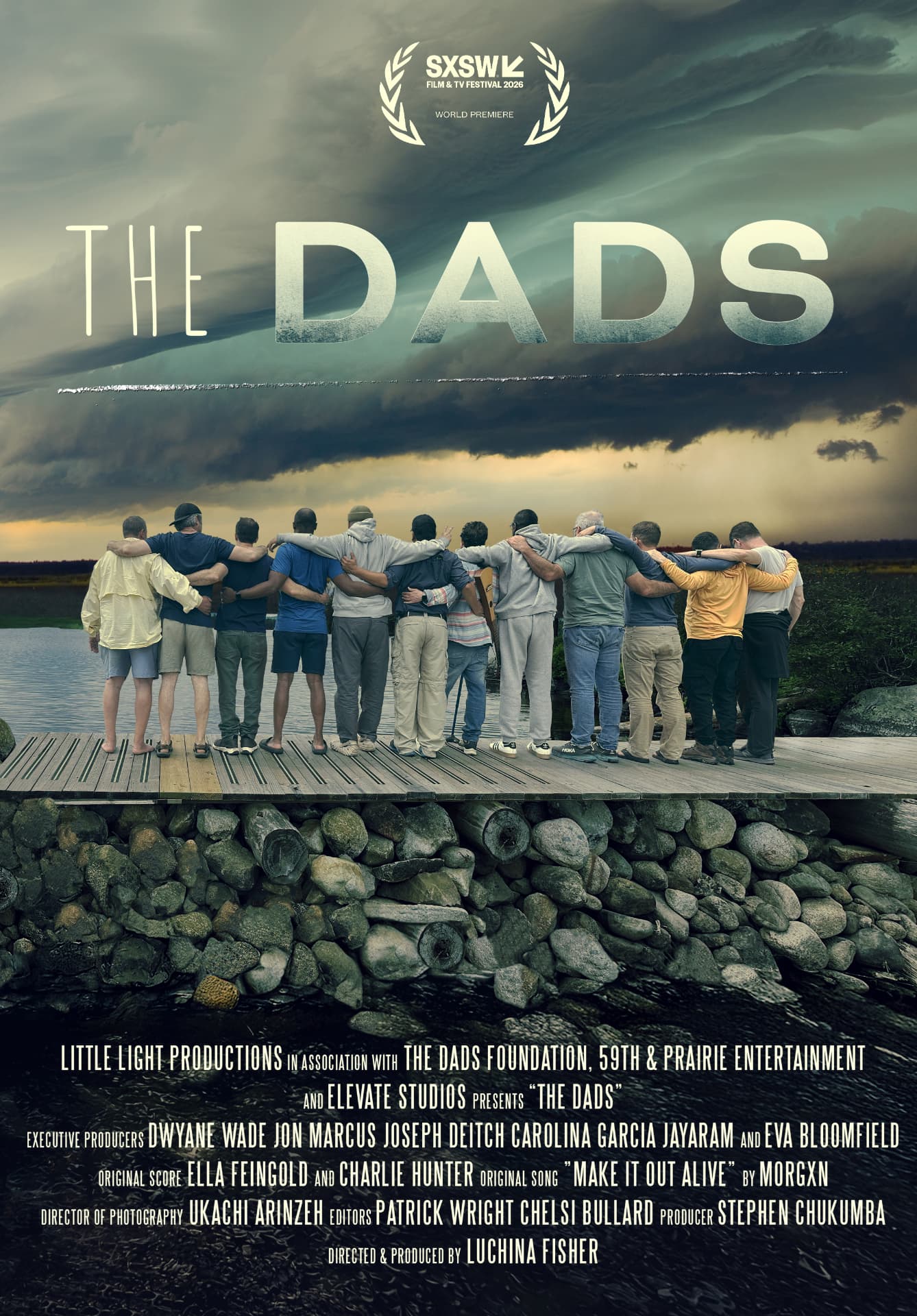The Dads poster: a group of fathers standing arm in arm on a dock under a storm sky, SXSW Film & TV Festival 2026 World Premiere laurel